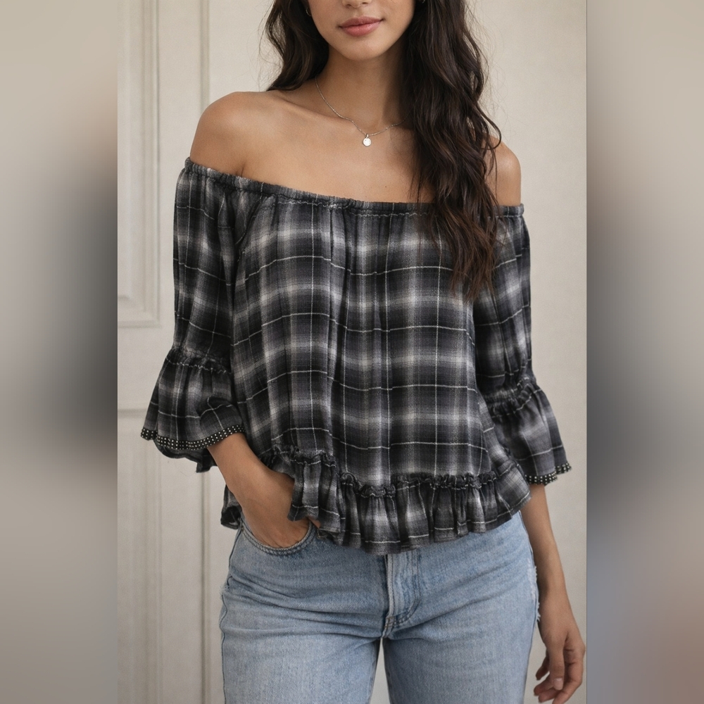 Gently Used.... Muche Muchette Off Shoulder Plaid Black Top with  Bell sleeves